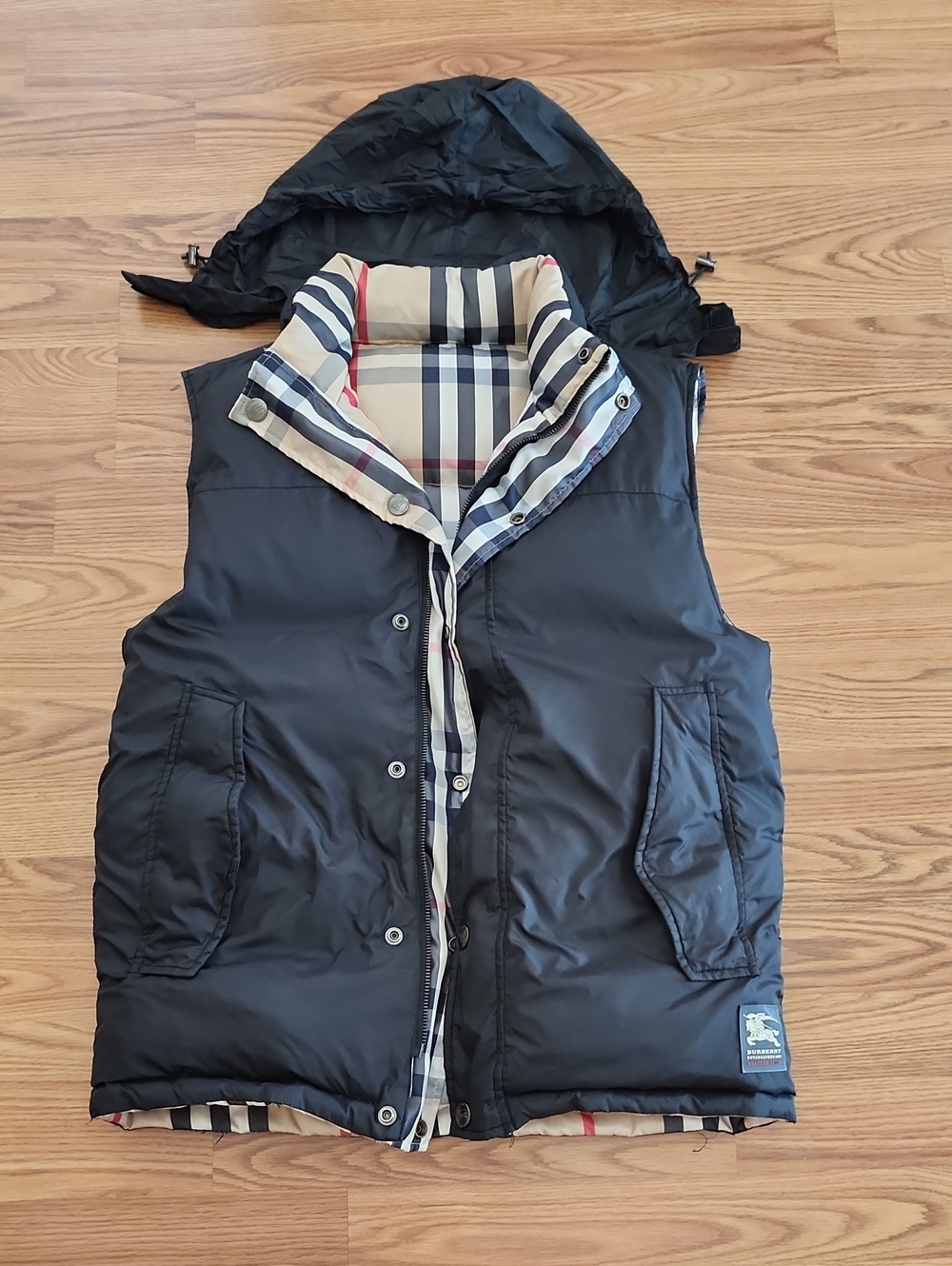 Vintage Burberry Black Quilted Reversable PufferVest with Beige Check Lining